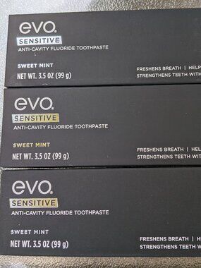 3- Evo Sensitive Fluoride Toothpaste, 3.5 Oz, New Sealed, Sweet Mint, Exp 8/27